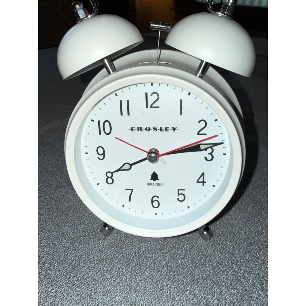 Crosley Vintage Style Twin Bell Alarm Clock White Quartz Quiet Sweep Metal Retro